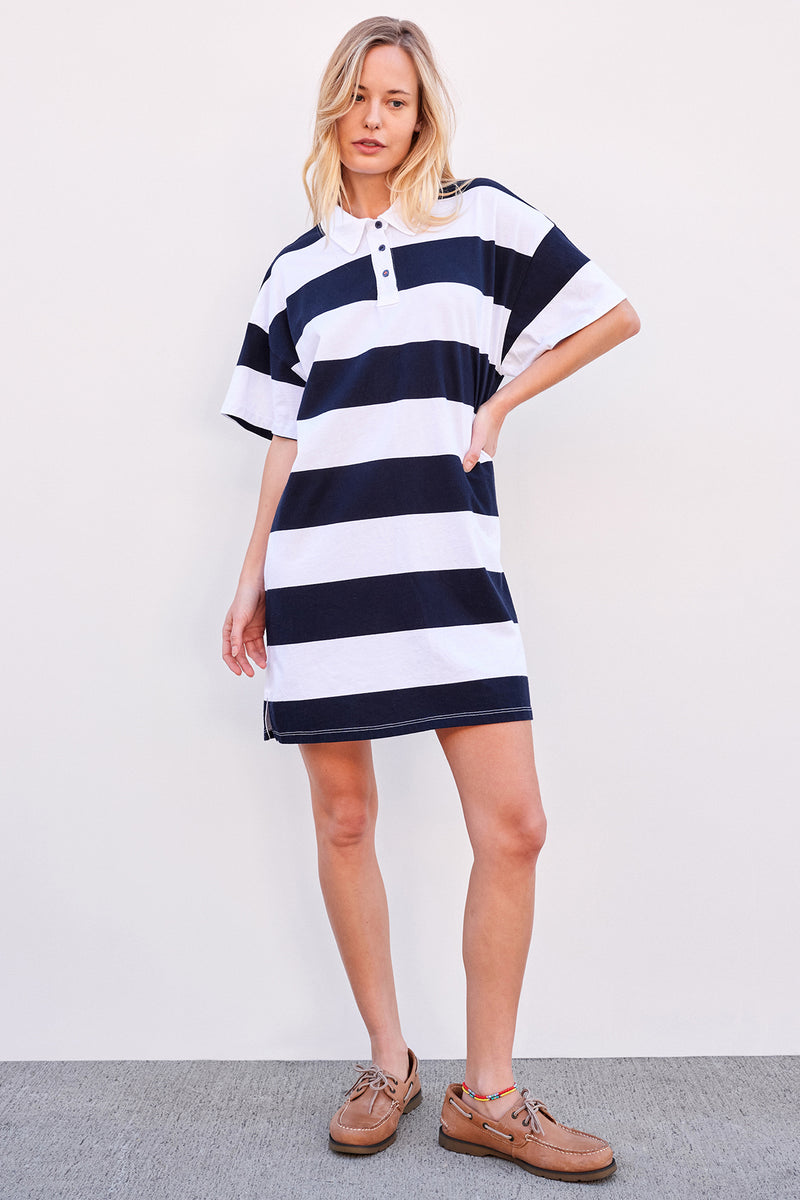 Sundry Rugby Stripe Polo Shirt Dress in Optic White-full body front