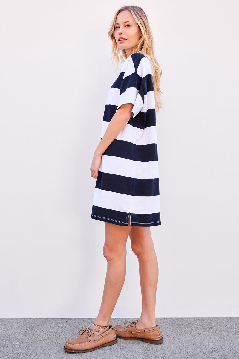 Sundry Rugby Stripe Polo Shirt Dress in Optic White-full body side