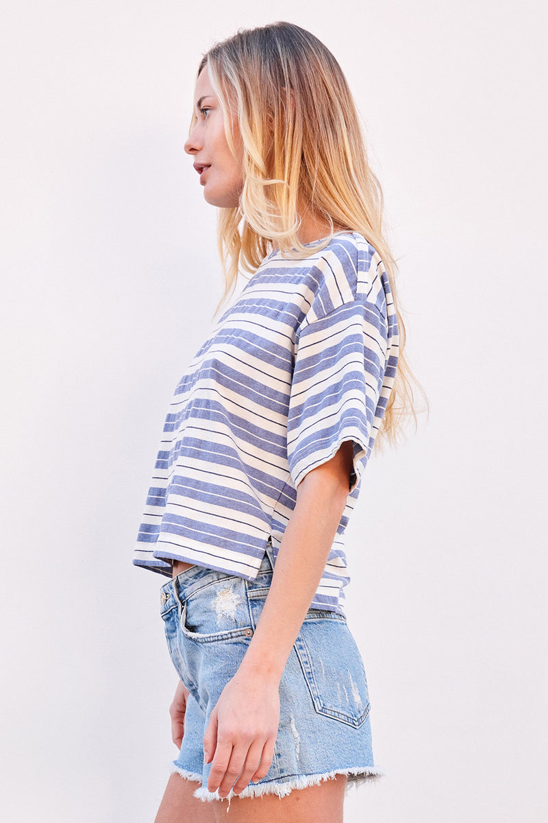 Sundry Harbor Stripe Boat Tee in Blue Linen-3/4 side