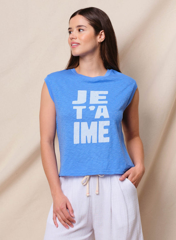 Sundry Je T'aime Cropped Muscle Tee in Lagoon Blue