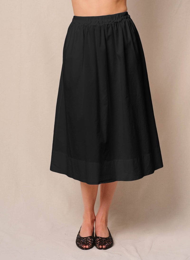 Voile Ribbed Waist Midi Skirt in Black