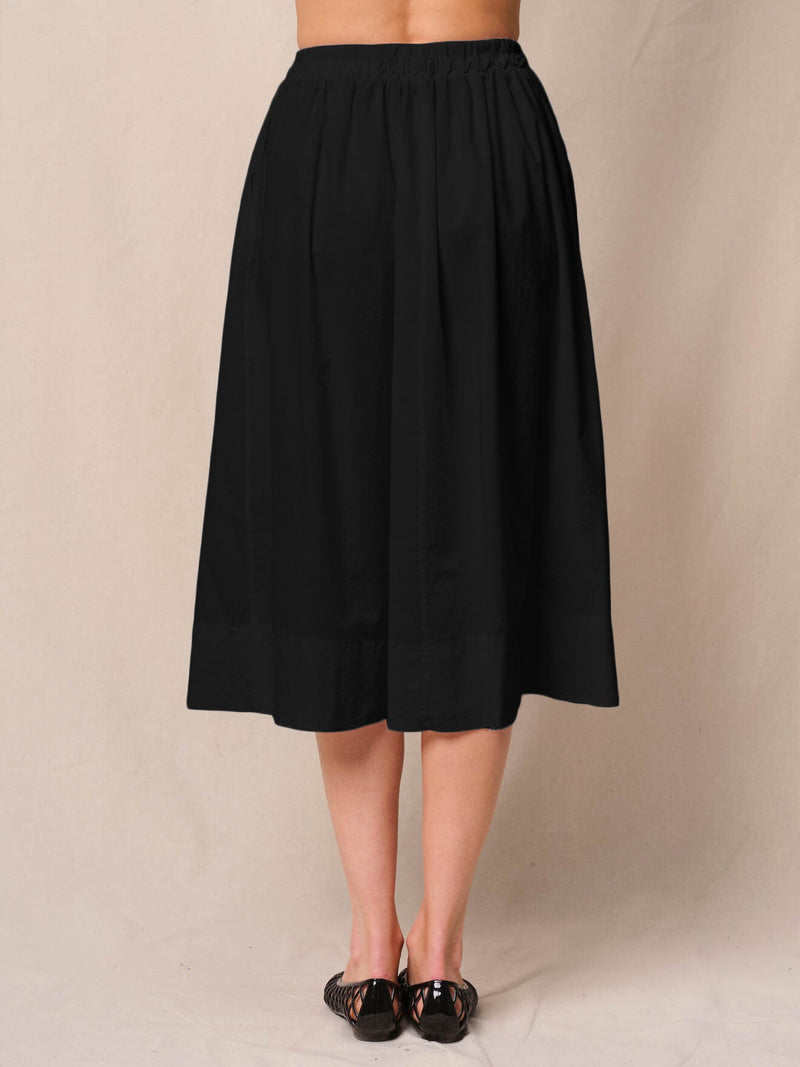 Voile Ribbed Waist Midi Skirt in Black