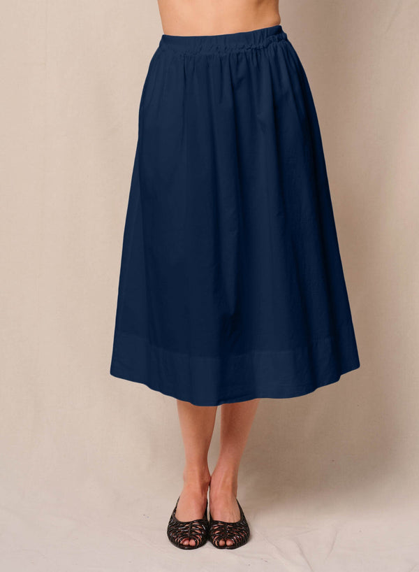 Voile Ribbed Waist Midi Skirt in New Navy