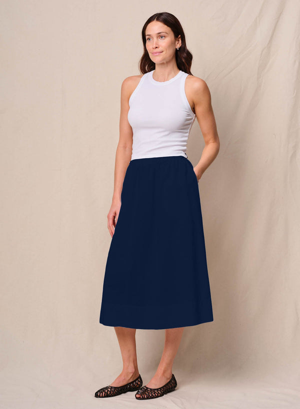 Voile Ribbed Waist Midi Skirt in New Navy