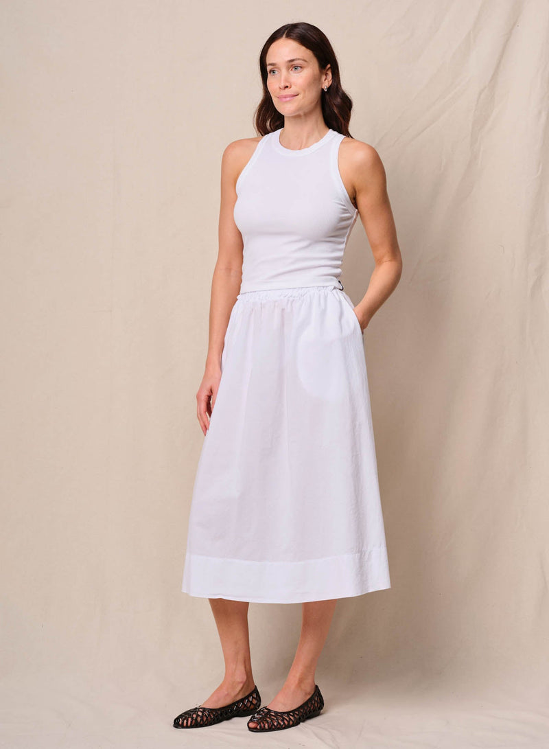 Voile Ribbed Waist Midi Skirt in White