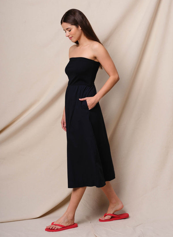 Sundry Mixed Media Strapless Dress in Deep Navy