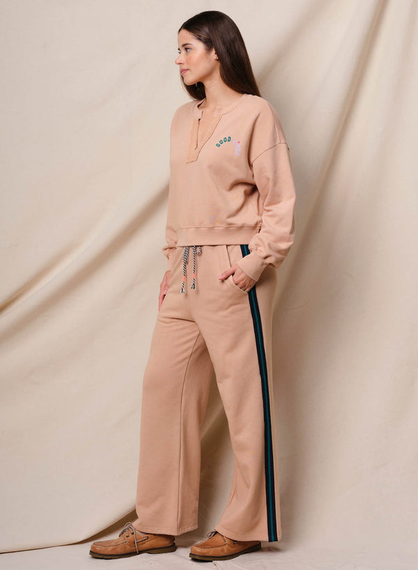 Sundry Good Vibes Split Neck Sweatshirt in Almond