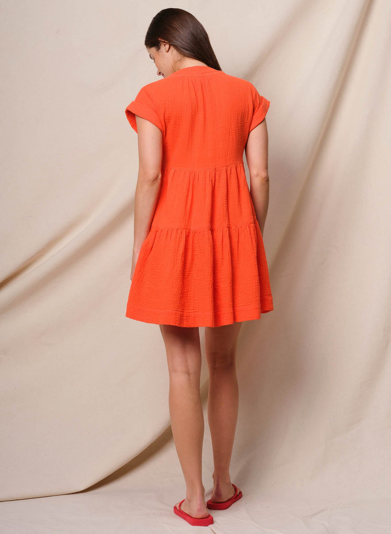 Sundry Gauze Tiered Dress in Bright Coral