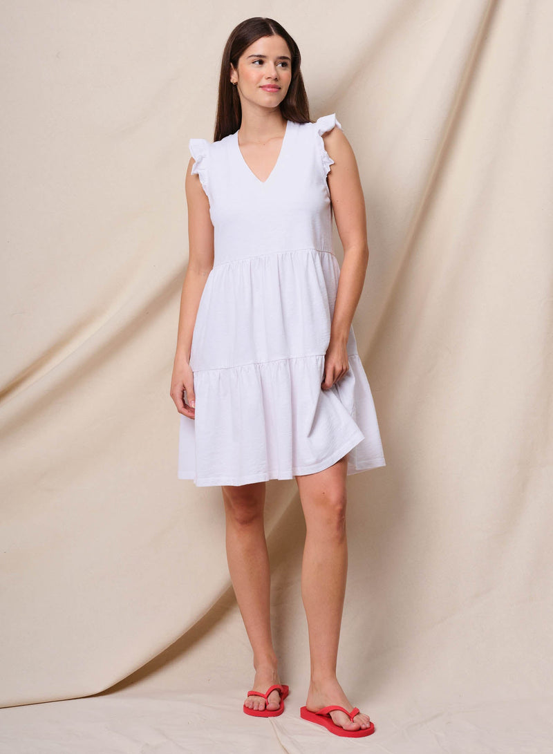 Sundry Tiered Flutter Dress in Optic White