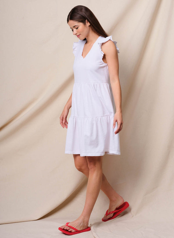 Sundry Tiered Flutter Dress in Optic White
