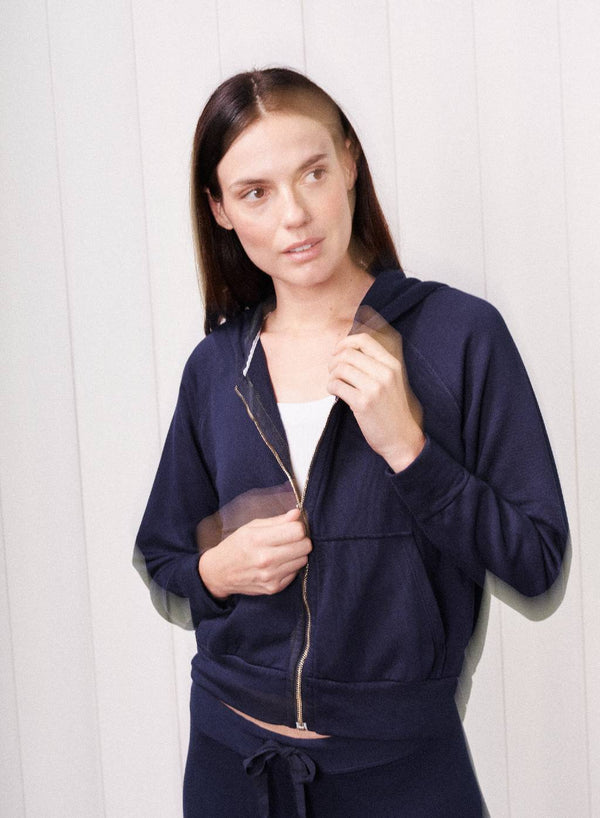 Softest Fleece Raglan Hood Zip Up in New Navy