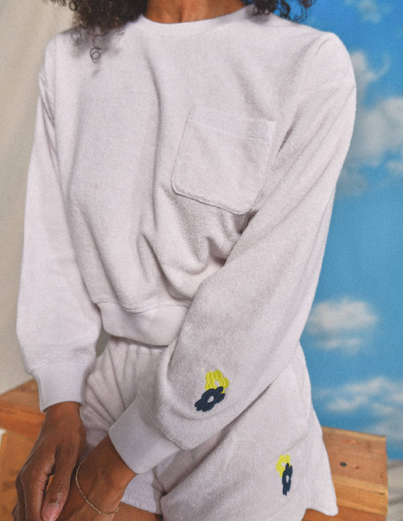 Sundry Floral Embroidery Loop Terry Short in Oyster