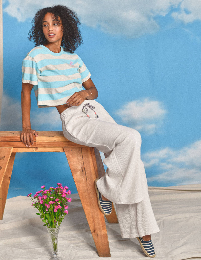 Sundry Floral Embroidery Rugby Stripe Boy Tee in Robins Egg