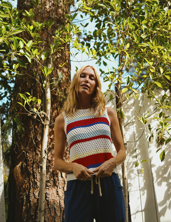 Sundry Tie Back Stripe Tank Sweater in Bright Coral