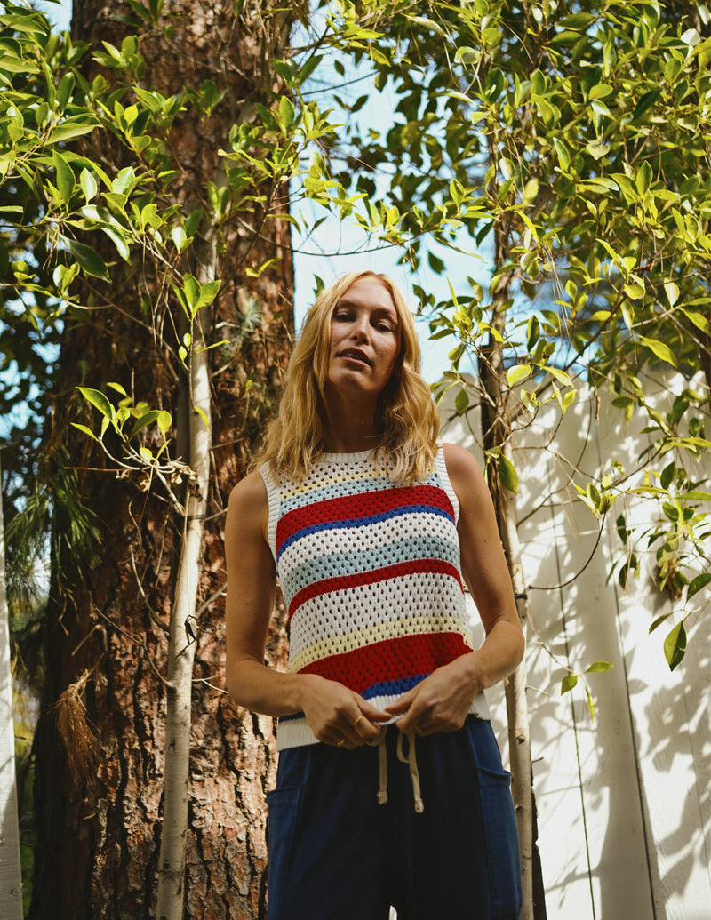 Sundry Tie Back Stripe Tank Sweater in Bright Coral