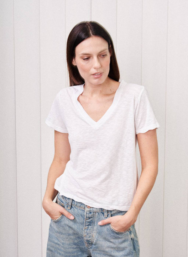 Supima Cotton Slub Short Sleeve V-Neck in White