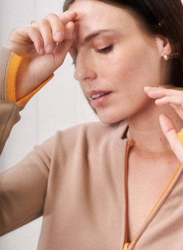 Two Way Zip Cardigan Sweater in Taupe