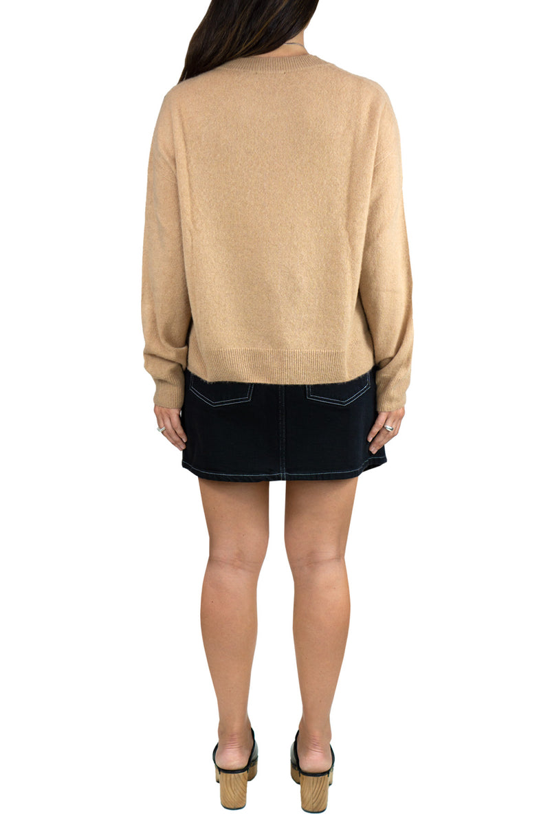 Women's Italian Brushed Cashmere Crew Neck Sweater in Camel-back