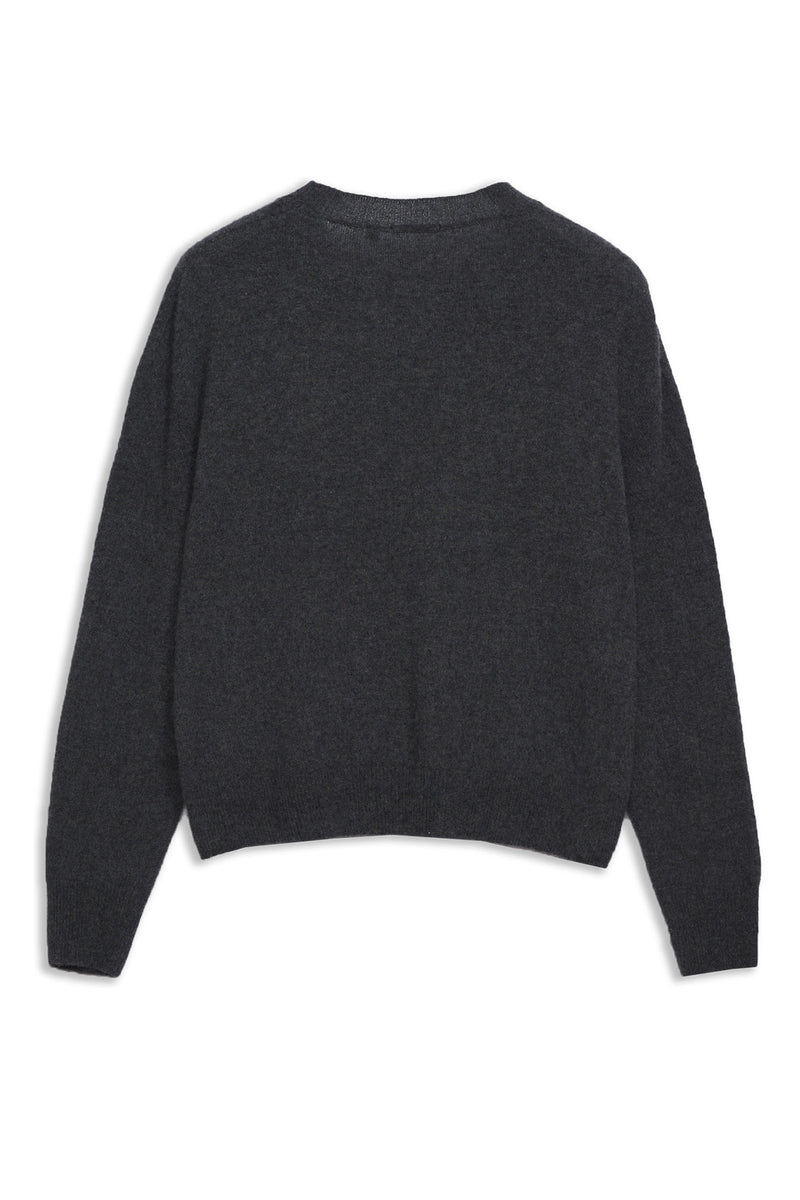 Women's Italian Brushed Cashmere Crew Neck Sweater in Charcoal-flat lay front