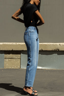 DSTLD Women's RLXD Straight Jean in Vintage Blue - side view standing