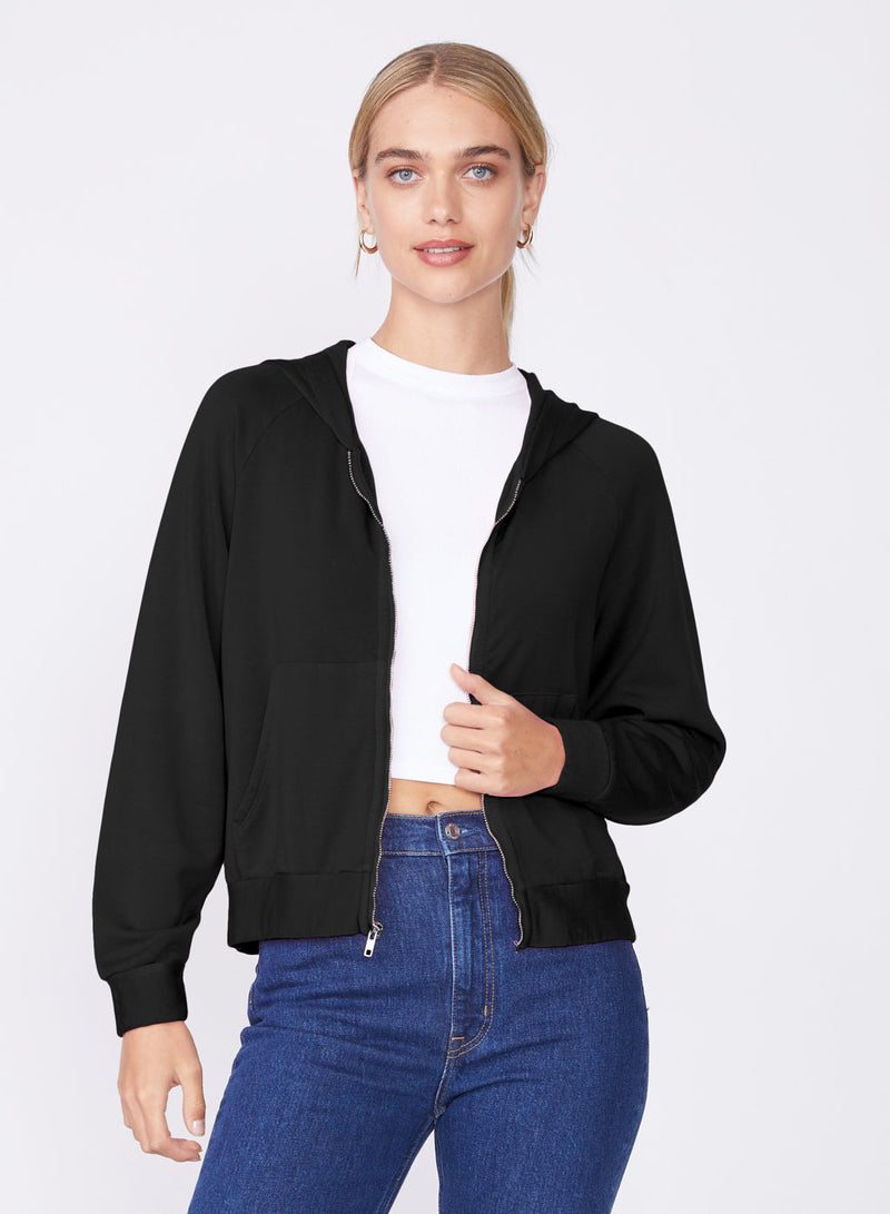 black softest fleece cropped zip hoodie - front unzipped