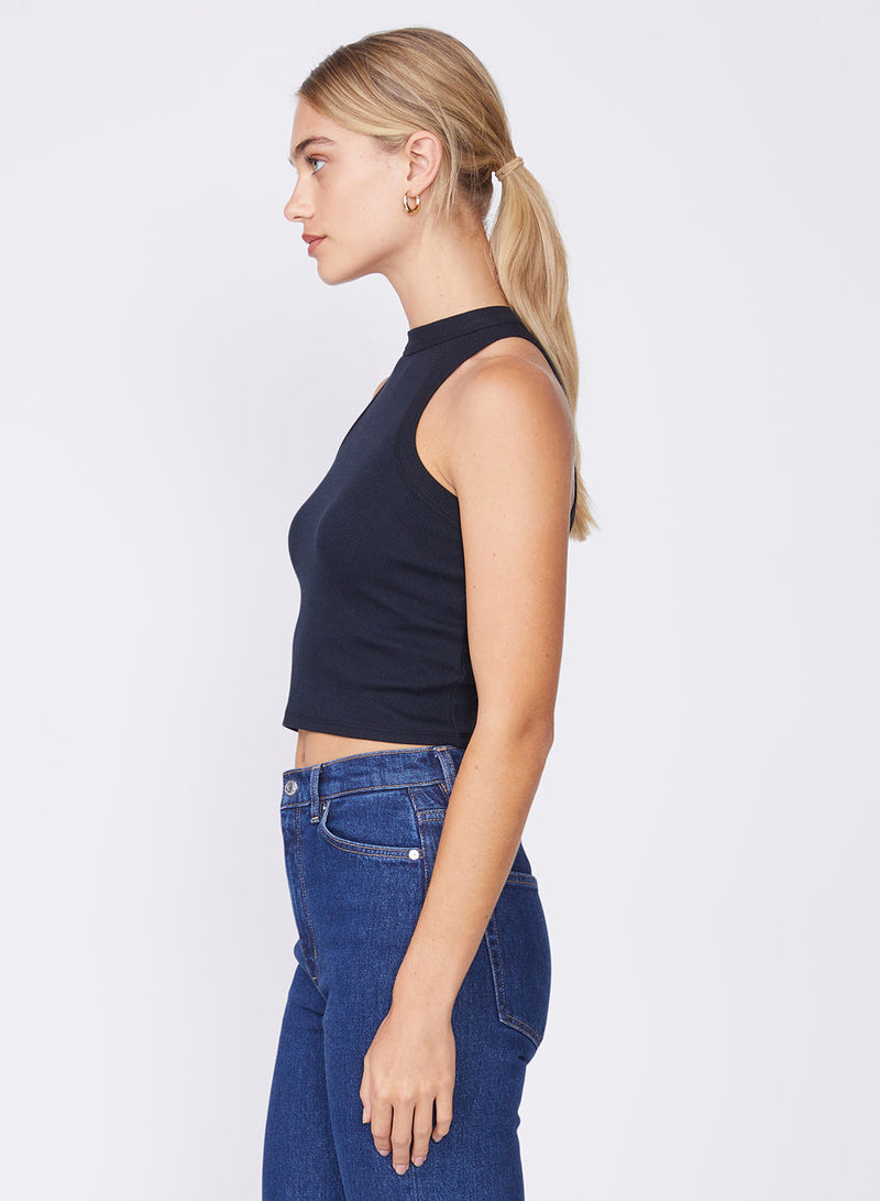 black cropped ribbed tank - up close side view