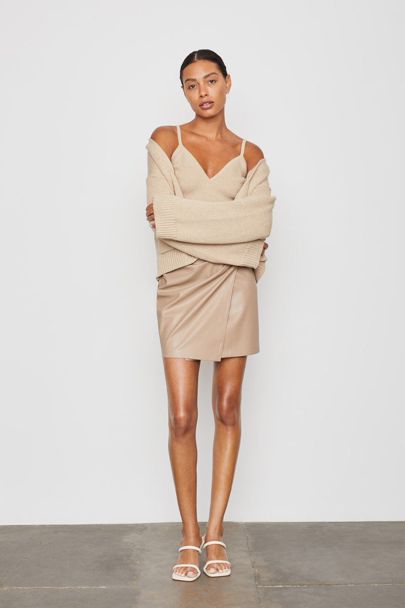 Bailey 44 Lana Sweater Cardigan in Birch - wrapped arms with tank underneath