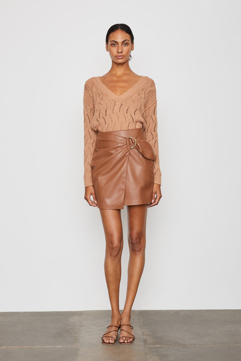 Sid Vegan Leather Wrap Skirt in Macchiato - front view
