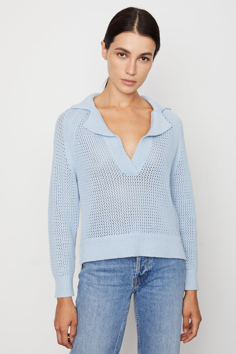 Asa Sweater in Ciel blue - v-neck detail