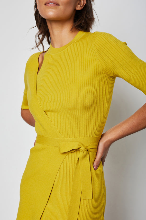 Bailey 44 Yana Sweater Wrap Dress in Lichen - close up front wrap waist