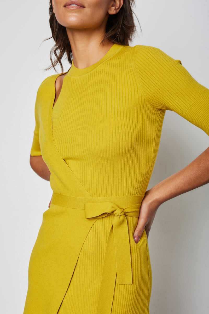 Bailey 44 Yana Sweater Wrap Dress in Lichen - close up front wrap waist