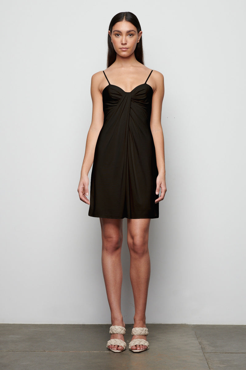 Bailey 44 Susan Short Dress in Black - front with center drape