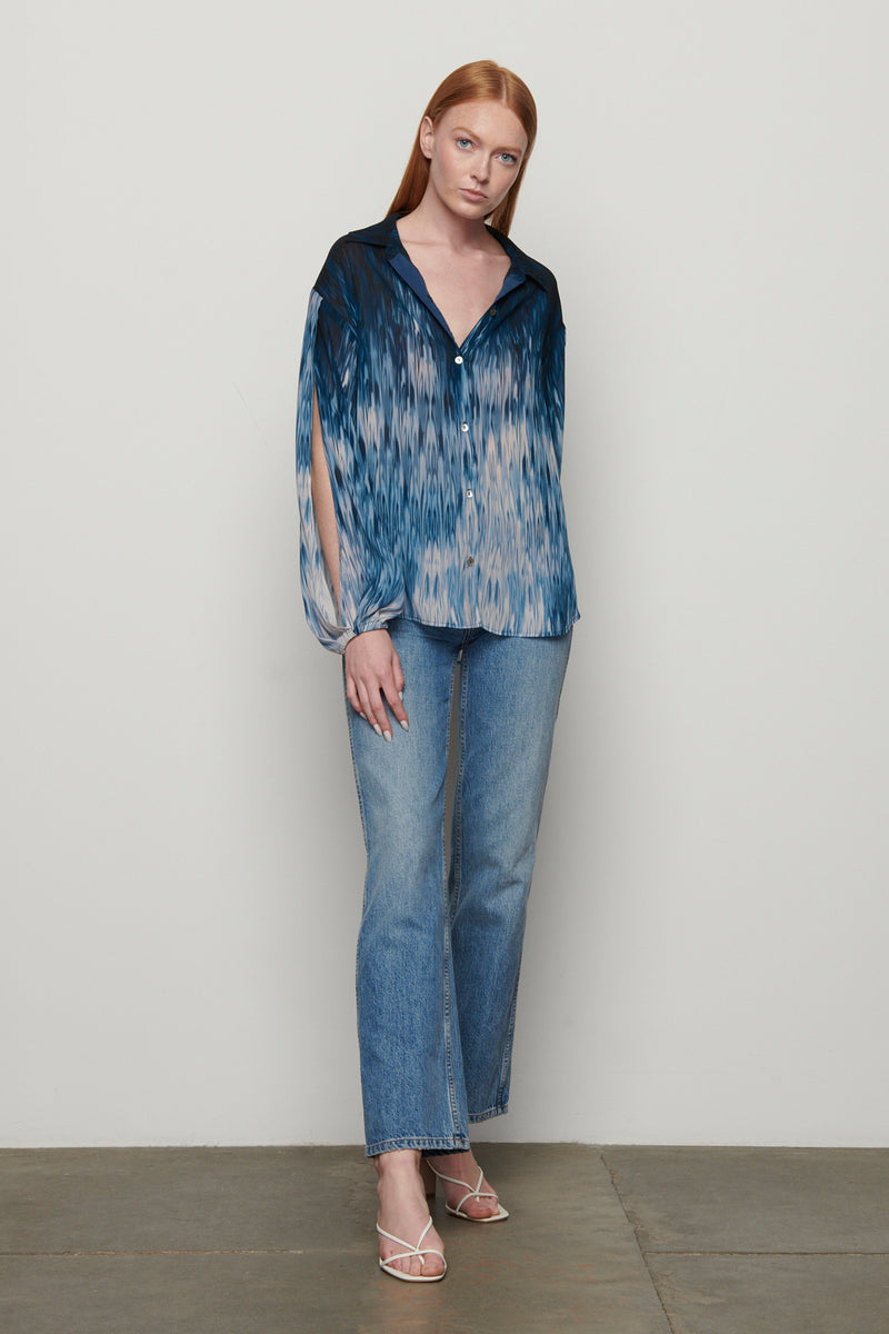 Clarence Long Sleeve Blouse in Midnight Blue - paired with jeans