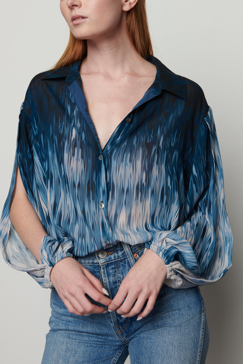 Clarence Long Sleeve Blouse in Midnight Blue  -front close up slit sleeve