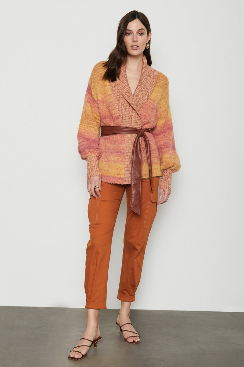 ombre stripe shawl collar wrap cardigan - paired with cargo pants