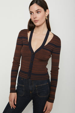 brown/blue striped detached strap cardigan