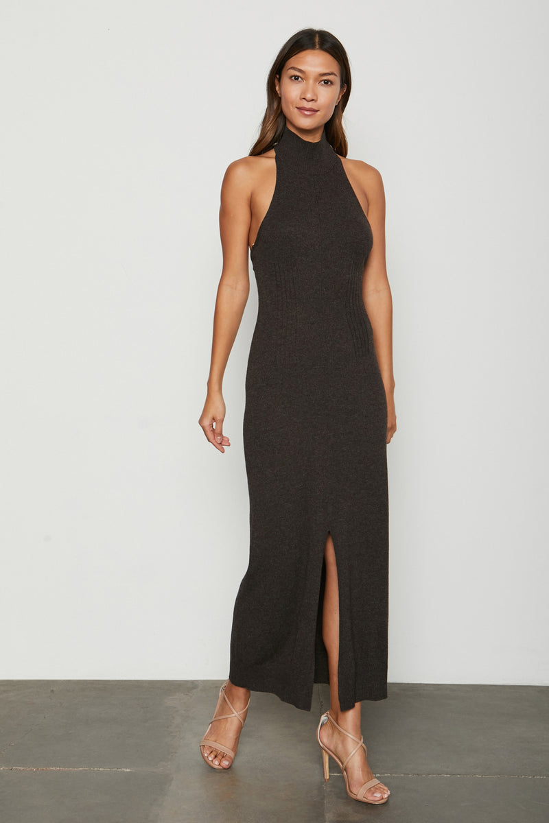 Brown Maxi Halter Dress without detachable srug - front view