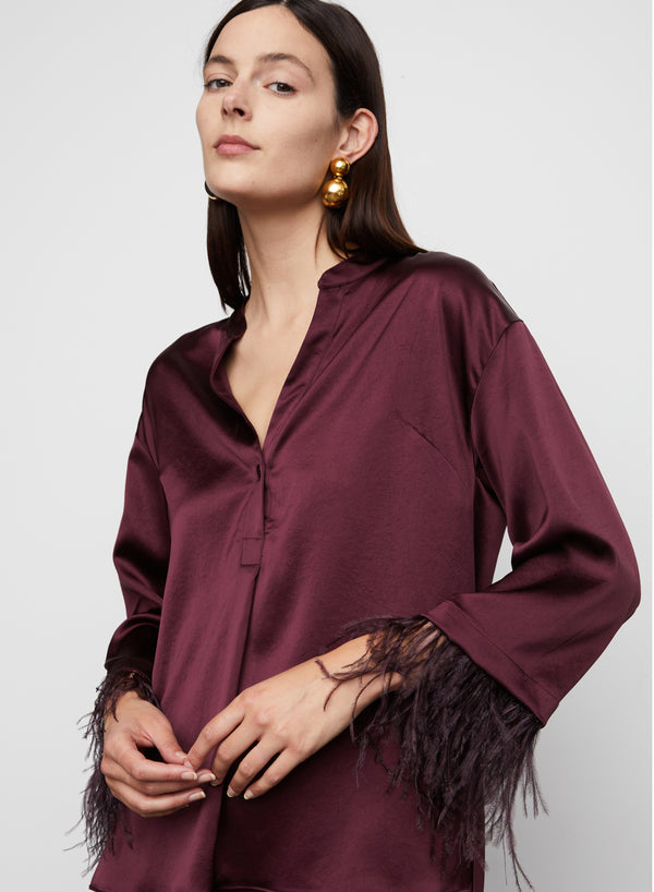 Nevaeh Satin Feathered Top in Burgundy -  Bailey/44.