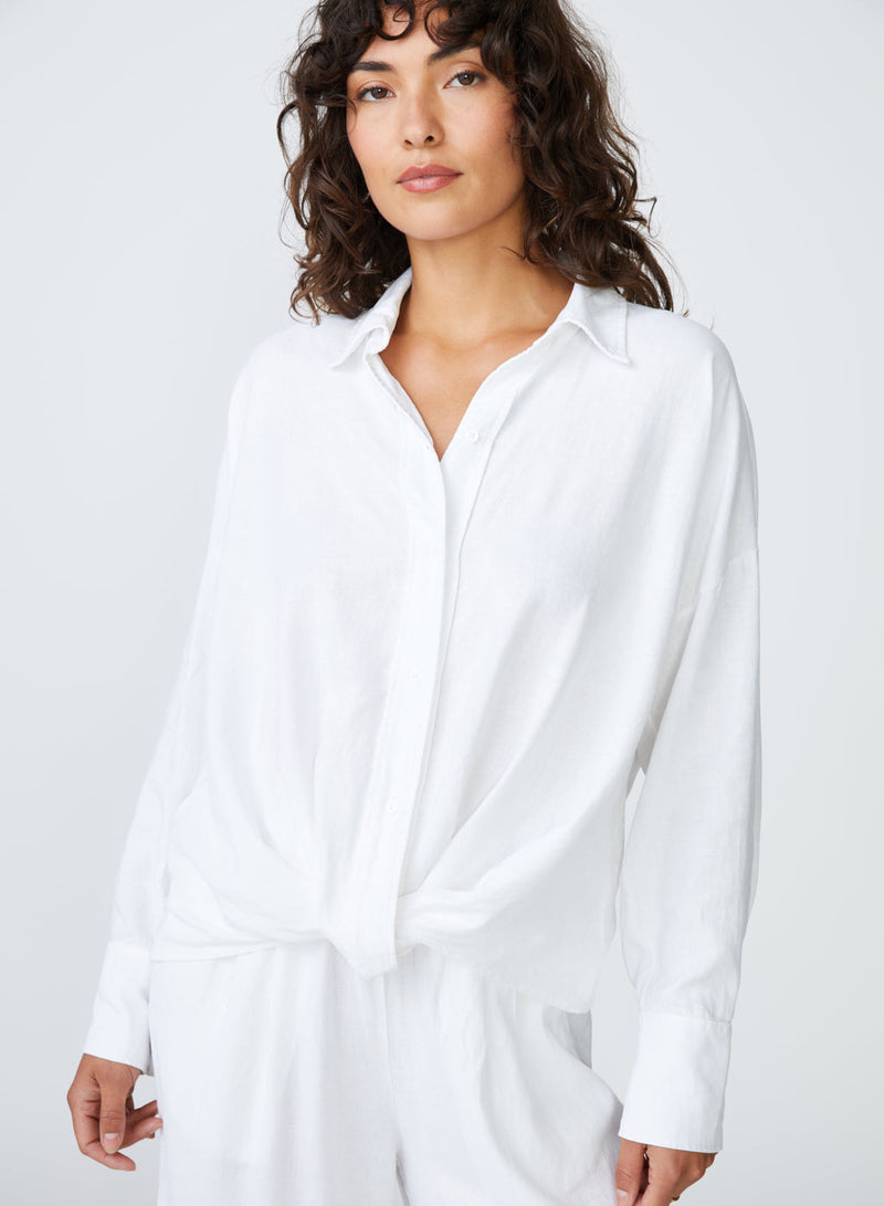 Linen Long Sleeve Front Twist Shirt in White