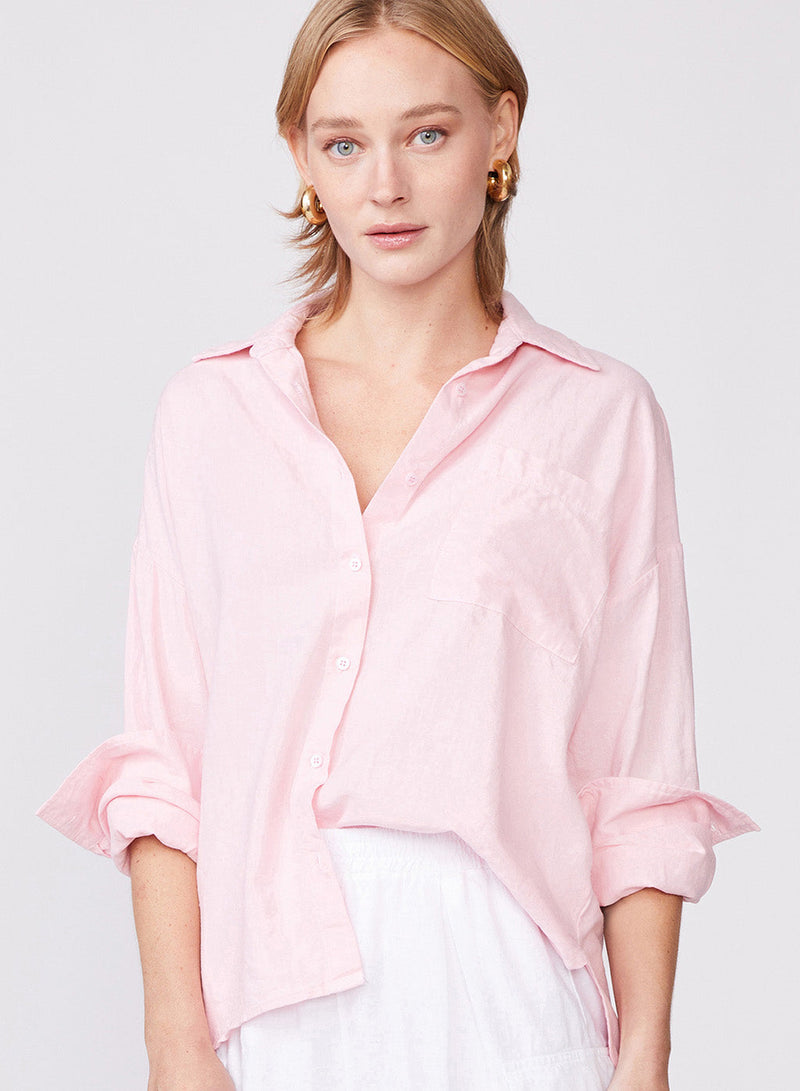 Linen Oversized Shirt in French Pink - front view tucked 
