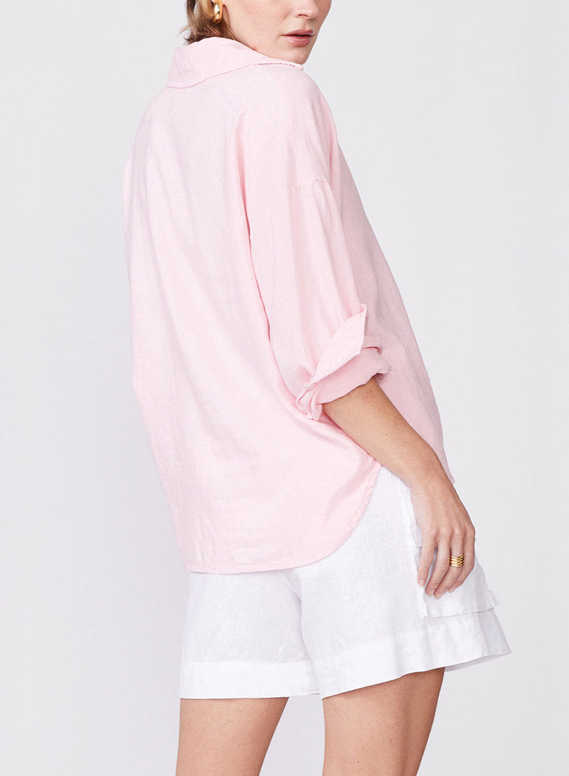 Linen Oversized Shirt in French Pink - 3/4 back view