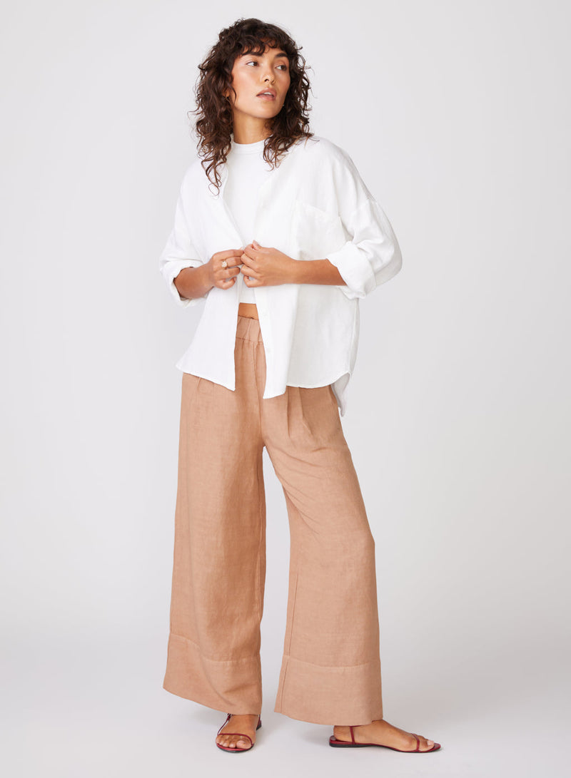 Stateside Linen Oversized Shirt in White - front open arms