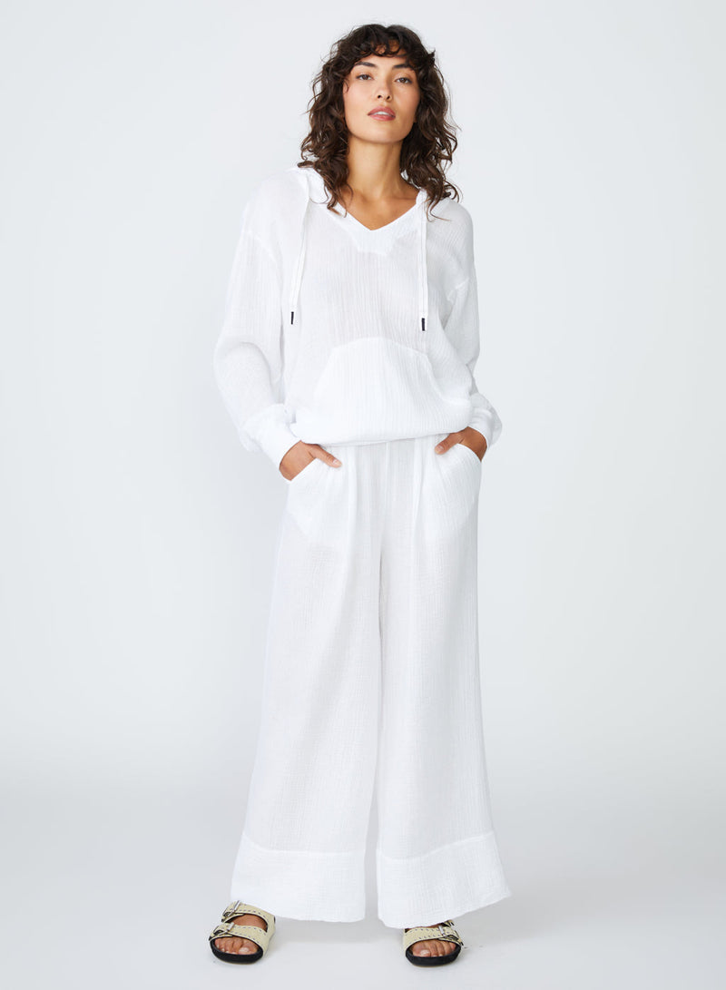 Gauze Wide Leg Pull On Pant in White - front view hands in pocket