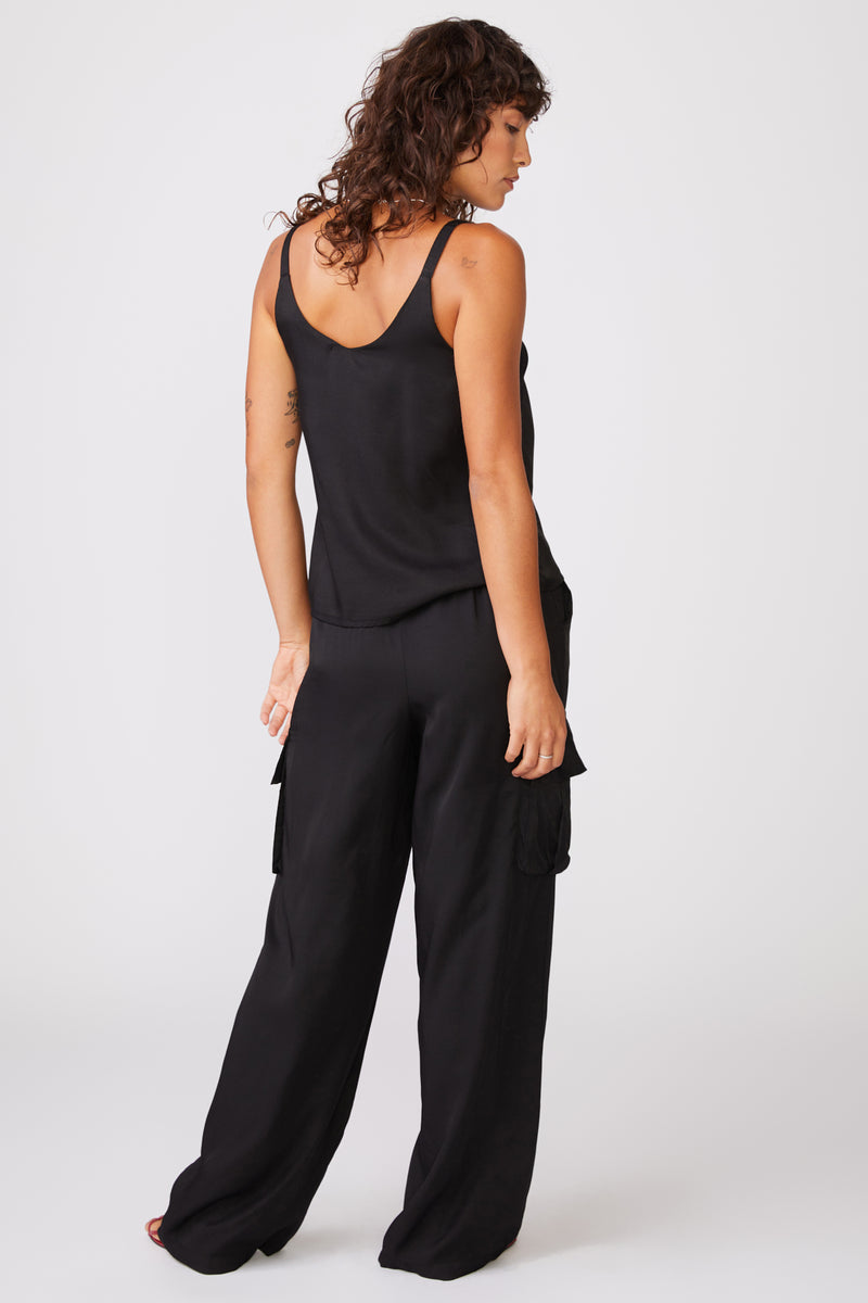 Black Satin Cargo Wide Leg Trousers | Simply Be