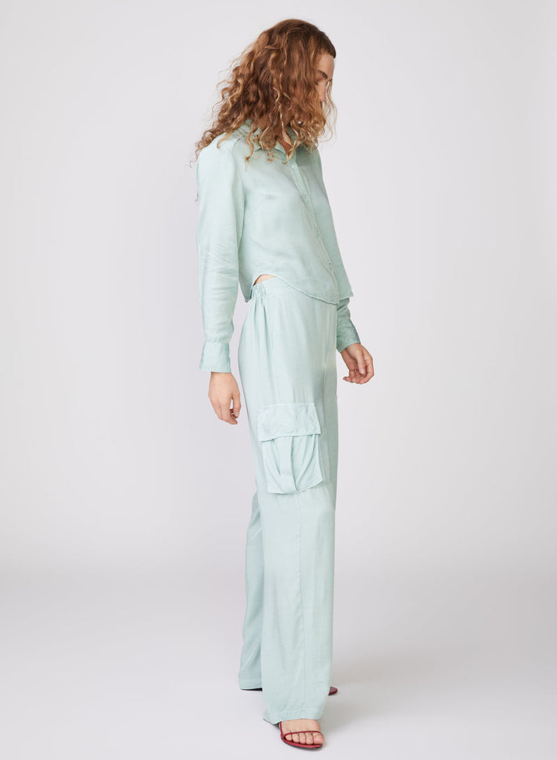 Viscose Satin Cargo Pant in Honeydew - right side