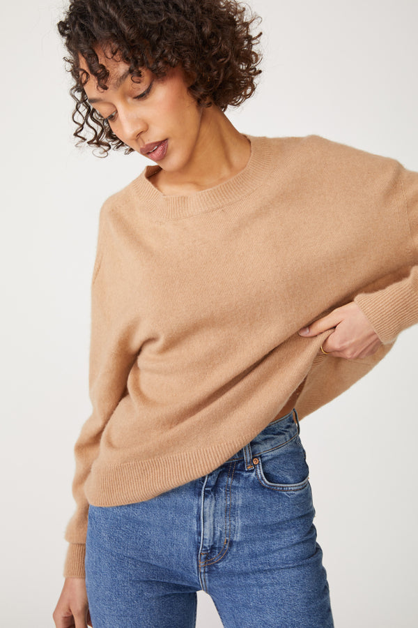 Brushed Cashmere Crewneck Sweater in Camel.