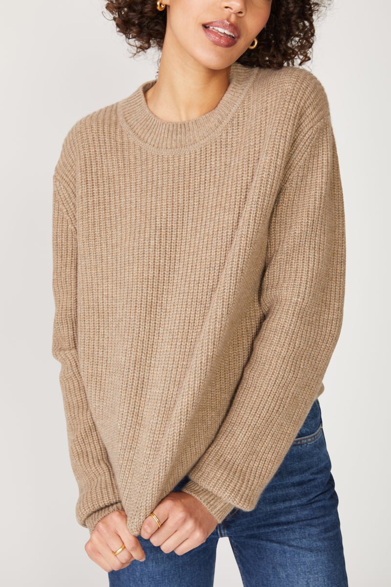 Ribbed Cashmere Tall Collar Crewneck Sweater in Camel - front close up
