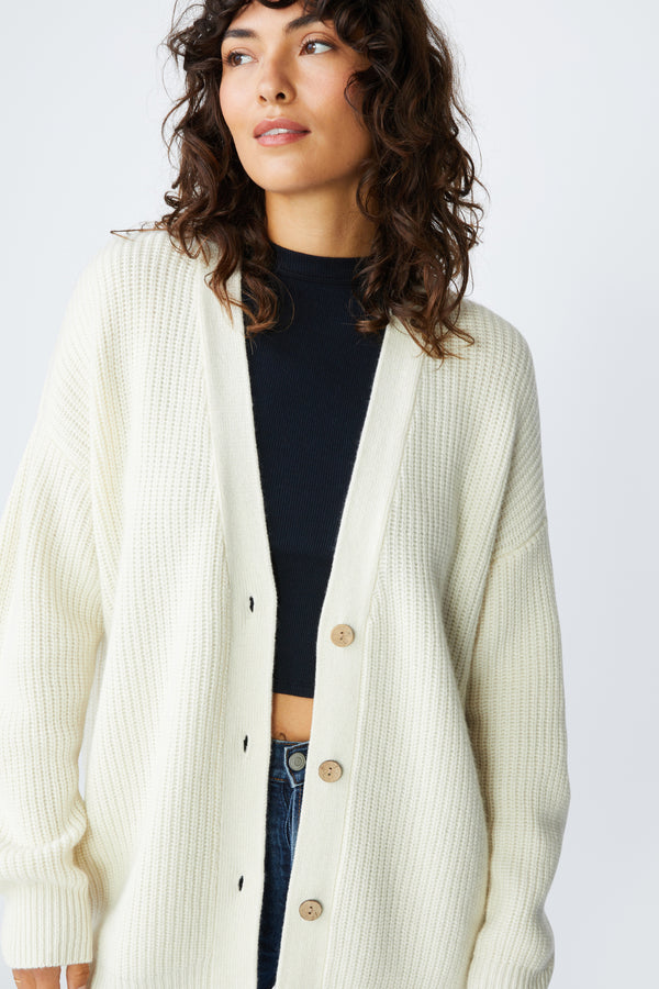 Stateside Ribbed Cashmere Oversized Cardigan Sweater in Cream - open front view
