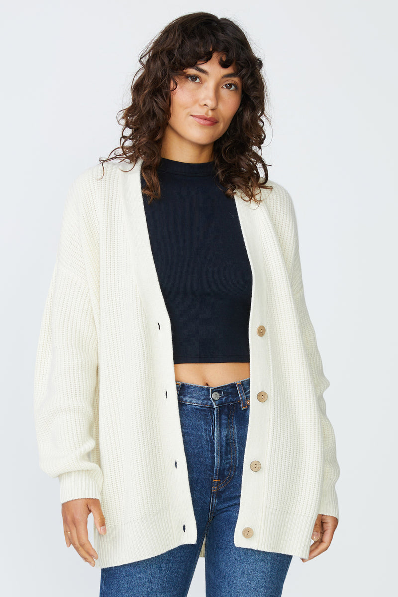 Stateside Ribbed Cashmere Oversized Cardigan Sweater in Cream - 3/4 front view