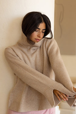 Cozy Cashmere Turtleneck Sweater in Camel - front arms  extended